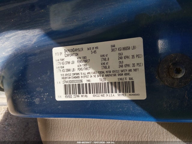 46230417 :رقم المزاد ، 1D7HA18D65S333396 vin ، 2005 Dodge Ram 1500 Slt/laramie مزاد بيع