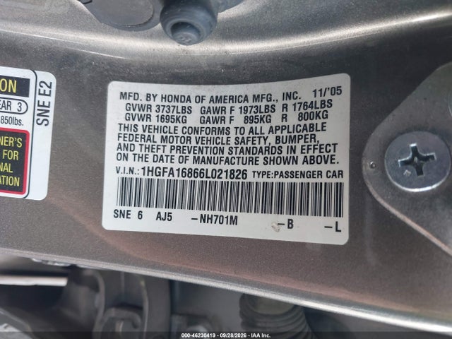 2006 Honda Civic Ex მანქანა იყიდება აუქციონზე, vin: 1HGFA16866L021826, აუქციონის ნომერი: 46230419