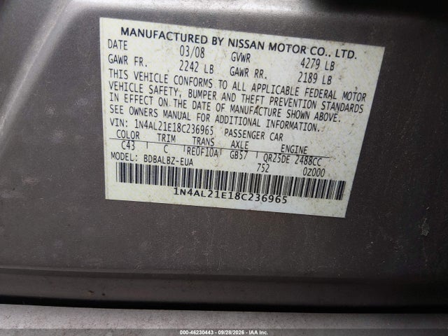 46230443 :رقم المزاد ، 1N4AL21E18C236965 vin ، 2008 Nissan Altima 2.5 S مزاد بيع