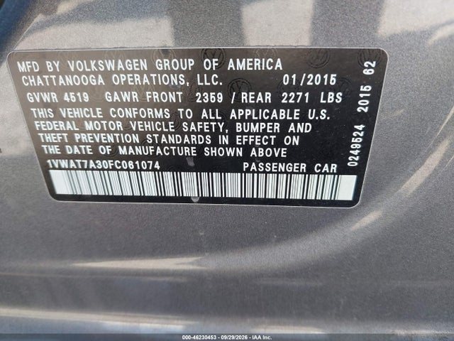 1VWAT7A30FC061074 Volkswagen Passat 1.8t Wolfsburg Edition