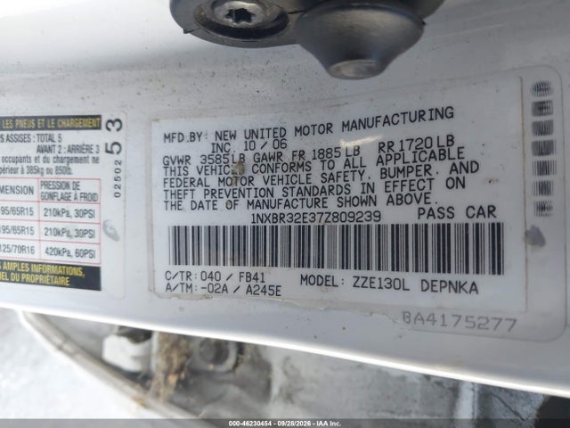 Продажа на аукционе авто 2007 Toyota Corolla Le, vin: 1NXBR32E37Z809239, номер лота: 46230454