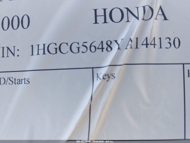 Aukcja sprzedaży 2000 Honda Accord 2.3 Lx, vin: 1HGCG5648YA144130, numer aukcji: 46230456