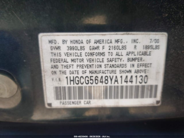Aukcja sprzedaży 2000 Honda Accord 2.3 Lx, vin: 1HGCG5648YA144130, numer aukcji: 46230456