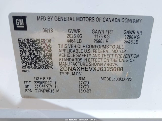 46230488 :رقم المزاد ، 2GNAXHEVXJ6335088 vin ، 2018 Chevrolet Equinox Ls مزاد بيع