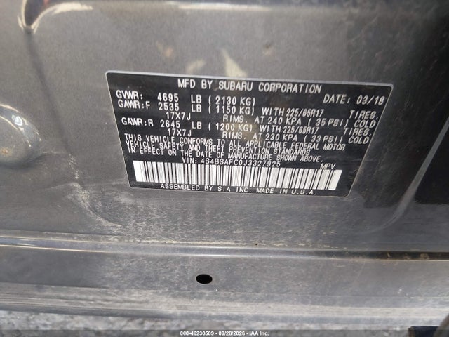 2018 Subaru Outback 2.5i Premium მანქანა იყიდება აუქციონზე, vin: 4S4BSAFC0J3327925, აუქციონის ნომერი: 46230509