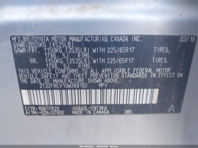 46230511 :رقم المزاد ، 2T3ZFREV1GW269192 vin ، 2016 Toyota Rav4 Le مزاد بيع
