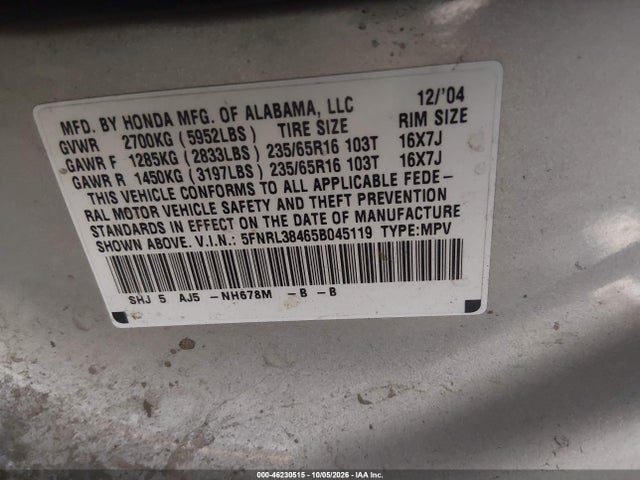 46230515 :رقم المزاد ، 5FNRL38465B045119 vin ، 2005 Honda Odyssey Ex مزاد بيع