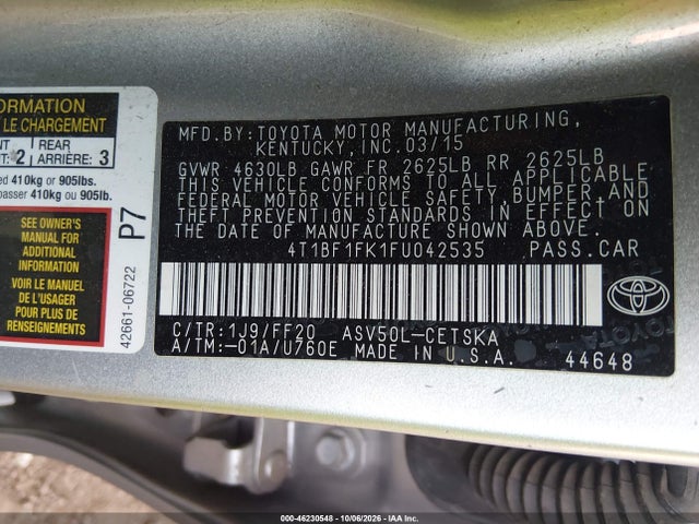46230548 :رقم المزاد ، 4T1BF1FK1FU042535 vin ، 2015 Toyota Camry Se مزاد بيع