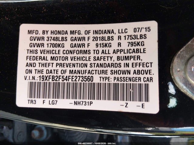 Продажа на аукционе авто 2015 Honda Civic Lx, vin: 19XFB2F54FE273560, номер лота: 46230557