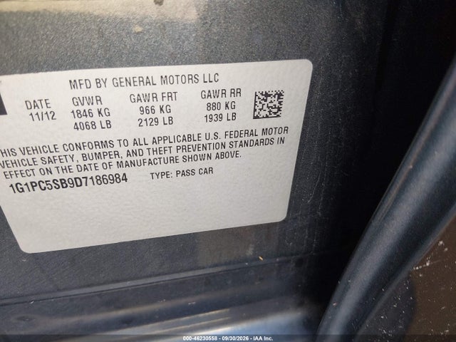 46230558 :رقم المزاد ، 1G1PC5SB9D7186984 vin ، 2013 Chevrolet Cruze 1lt Auto مزاد بيع