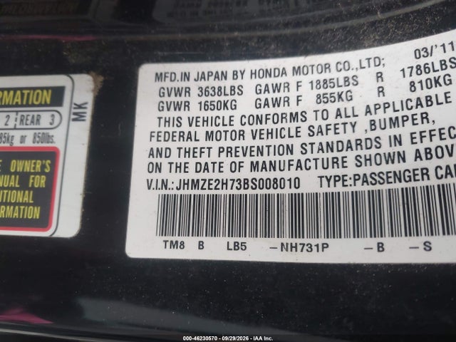 Aukcja sprzedaży 2011 Honda Insight Ex, vin: JHMZE2H73BS008010, numer aukcji: 46230570