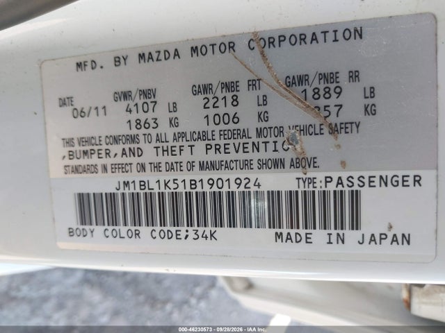 Aukcja sprzedaży 2011 Mazda Mazda3 S Sport, vin: JM1BL1K51B1901924, numer aukcji: 46230573