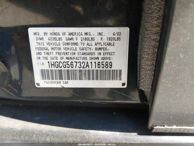 Aukcja sprzedaży 2002 Honda Accord 2.3 Se, vin: 1HGCG56732A116589, numer aukcji: 46230575