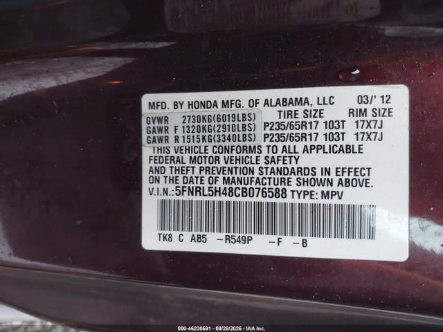 Продаж на аукціоні авто 2012 Honda Odyssey Ex, vin: 5FNRL5H48CB076588, номер лоту: 46230591
