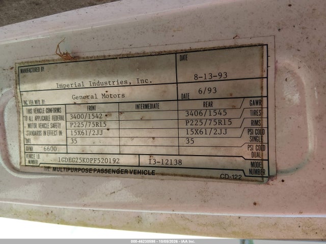 Продаж на аукціоні авто 1993 Gmc Rally Wagon / Van G2500, vin: 1GDEG25K0PF520192, номер лоту: 46230598
