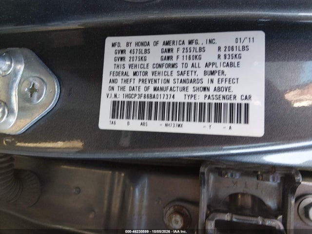 2011 Honda Accord 3.5 Ex-l მანქანა იყიდება აუქციონზე, vin: 1HGCP3F86BA017374, აუქციონის ნომერი: 46230599