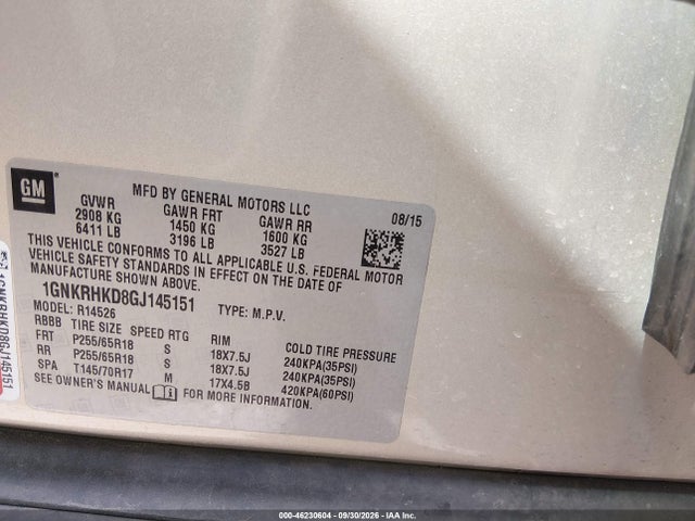 46230604 :رقم المزاد ، 1GNKRHKD8GJ145151 vin ، 2016 Chevrolet Traverse 2lt مزاد بيع