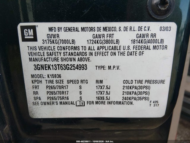 46230611 :رقم المزاد ، 3GNEK13T63G254993 vin ، 2003 Chevrolet Avalanche 1500 مزاد بيع