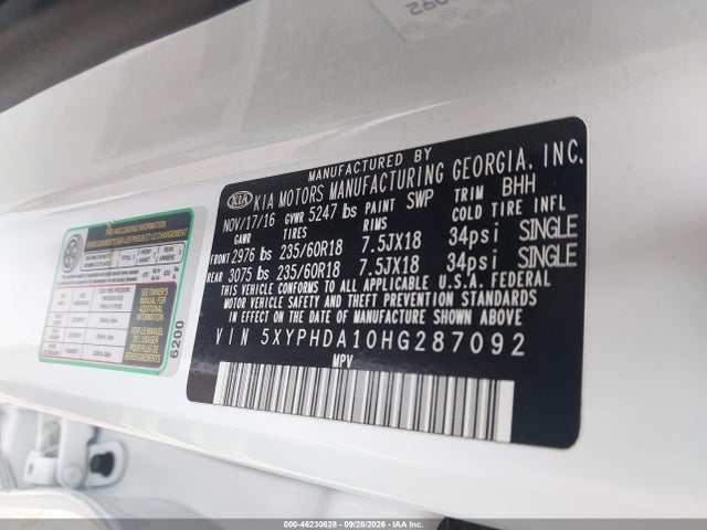 46230628 :رقم المزاد ، 5XYPHDA10HG287092 vin ، 2017 Kia Sorento 2.0t Ex مزاد بيع