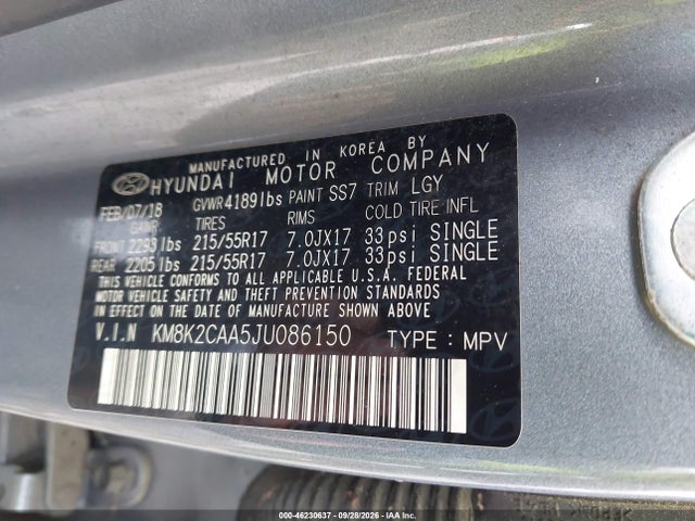 46230637 :رقم المزاد ، KM8K2CAA5JU086150 vin ، 2018 Hyundai Kona Sel مزاد بيع