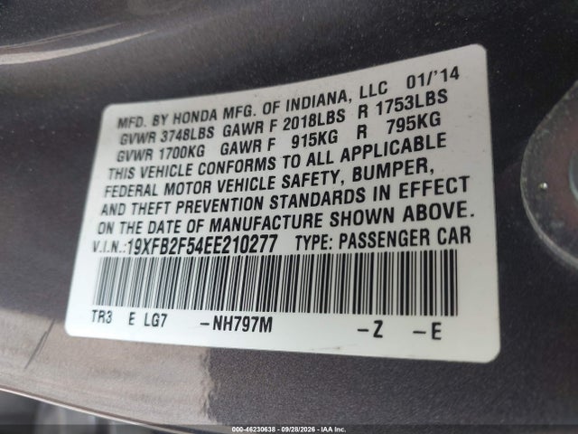 Продаж на аукціоні авто 2014 Honda Civic Lx, vin: 19XFB2F54EE210277, номер лоту: 46230638