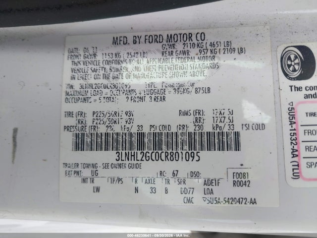 Продажа на аукционе авто 2012 Lincoln Mkz, vin: 3LNHL2GC0CR801095, номер лота: 46230641