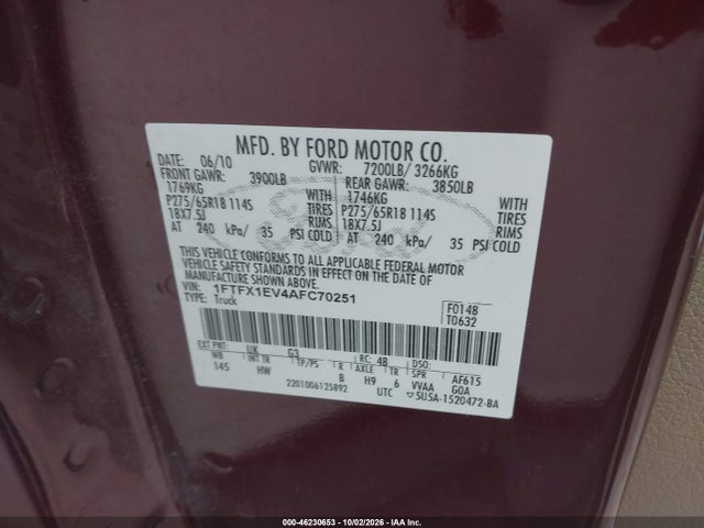 Aukcja sprzedaży 2010 Ford F-150 Fx4/lariat/xl/xlt, vin: 1FTFX1EV4AFC70251, numer aukcji: 46230653