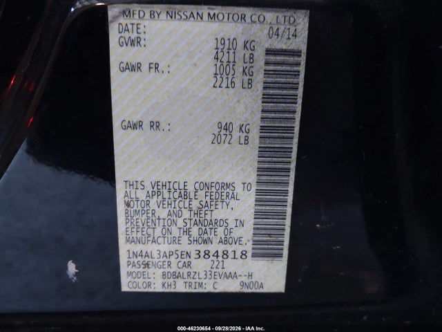Продажа на аукционе авто 2014 Nissan Altima 2.5 S, vin: 1N4AL3AP5EN384818, номер лота: 46230654