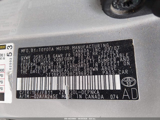 Продажа на аукционе авто 2008 Toyota Corolla Le, vin: 2T1BR30E98C896828, номер лота: 46230664