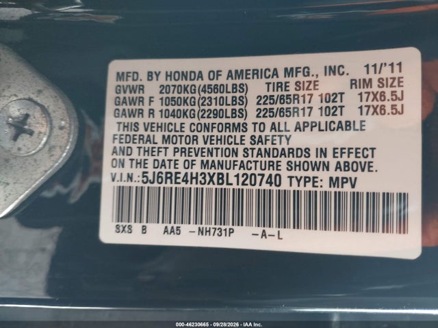 Продаж на аукціоні авто 2011 Honda Cr-v Lx, vin: 5J6RE4H3XBL120740, номер лоту: 46230665