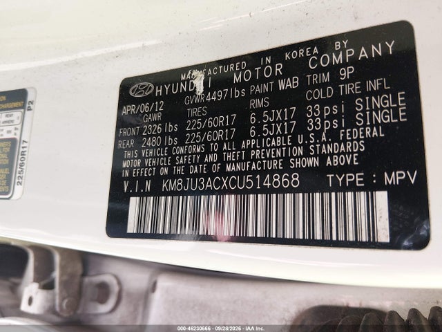 46230666 :رقم المزاد ، KM8JU3ACXCU514868 vin ، 2012 Hyundai Tucson Gls مزاد بيع
