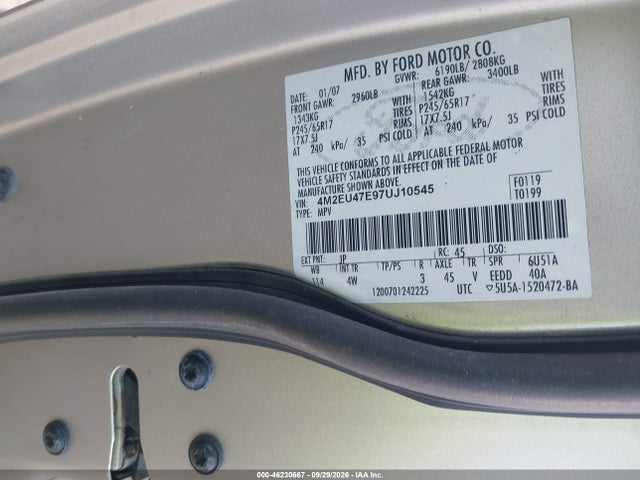 Aukcja sprzedaży 2007 Mercury Mountaineer, vin: 4M2EU47E97UJ10545, numer aukcji: 46230667