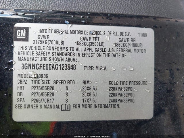 Aukcja sprzedaży 2010 Chevrolet Avalanche 1500 Lt1, vin: 3GNNCFE00AG123648, numer aukcji: 46230672