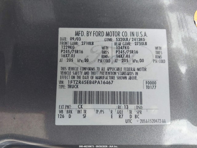 2004 Ford Ranger Edge/tremor/xlt მანქანა იყიდება აუქციონზე, vin: 1FTZR45E84PA16467, აუქციონის ნომერი: 46230673