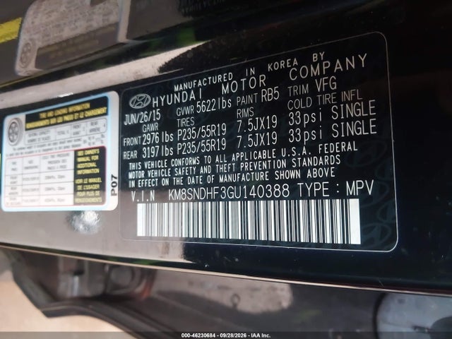 46230684 :رقم المزاد ، KM8SNDHF3GU140388 vin ، 2016 Hyundai Santa Fe Limited مزاد بيع
