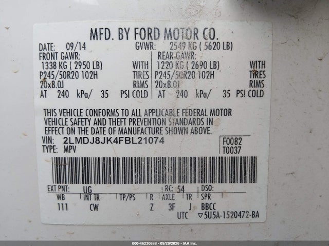 Продаж на аукціоні авто 2015 Lincoln Mkx, vin: 2LMDJ8JK4FBL21074, номер лоту: 46230688