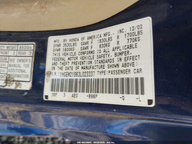 Продаж на аукціоні авто 2003 Honda Civic Ex, vin: 1HGEM21963L023337, номер лоту: 46230695
