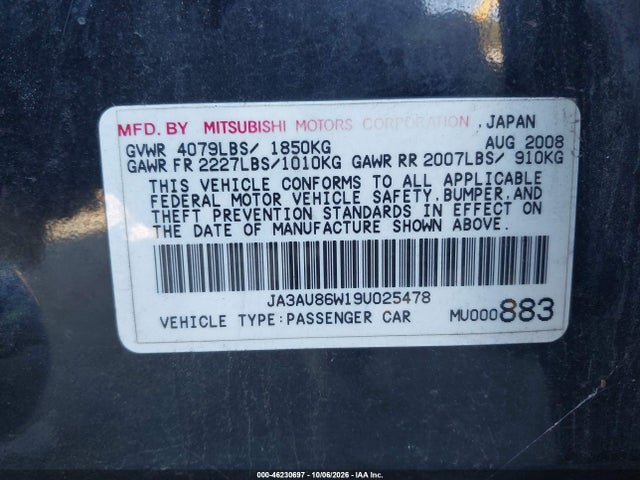 46230697 :رقم المزاد ، JA3AU86W19U025478 vin ، 2009 Mitsubishi Lancer Gts مزاد بيع