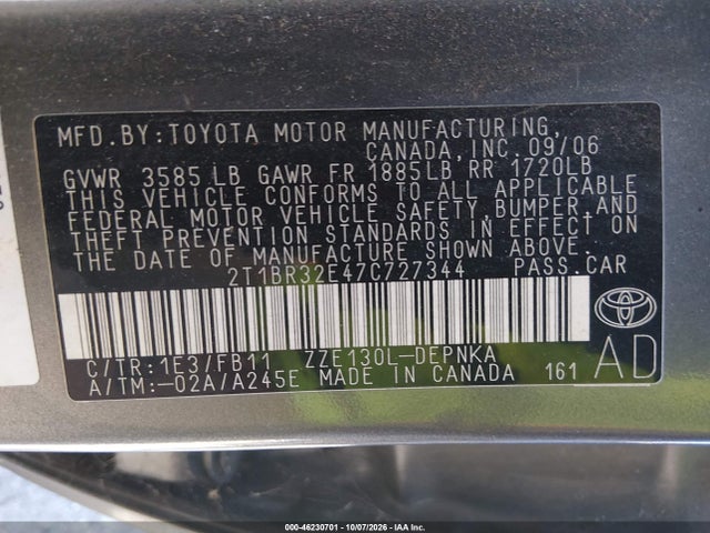 46230701 :رقم المزاد ، 2T1BR32E47C727344 vin ، 2007 Toyota Corolla Le مزاد بيع