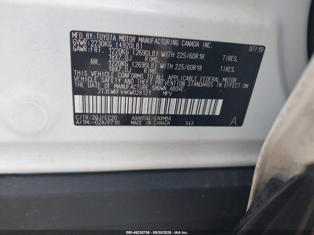 Продаж на аукціоні авто 2019 Toyota Rav4 Hybrid Xse, vin: 2T3EWRFV4KW028121, номер лоту: 46230706
