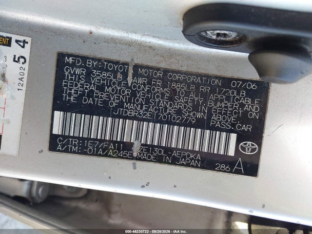 2007 Toyota Corolla Ce მანქანა იყიდება აუქციონზე, vin: JTDBR32E170102779, აუქციონის ნომერი: 46230722