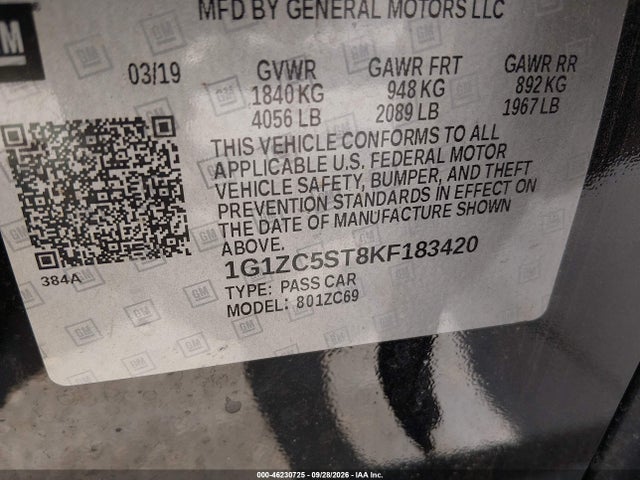 2019 Chevrolet Malibu 1fl მანქანა იყიდება აუქციონზე, vin: 1G1ZC5ST8KF183420, აუქციონის ნომერი: 46230725