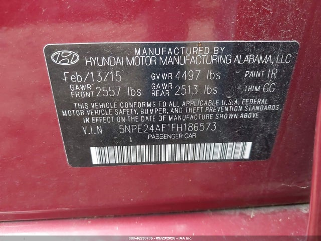 2015 Hyundai Sonata Se მანქანა იყიდება აუქციონზე, vin: 5NPE24AF1FH186573, აუქციონის ნომერი: 46230736