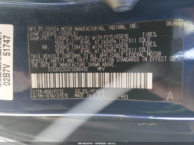 46230740 :رقم المزاد ، 5TDZK23CX7S086492 vin ، 2007 Toyota Sienna Le مزاد بيع