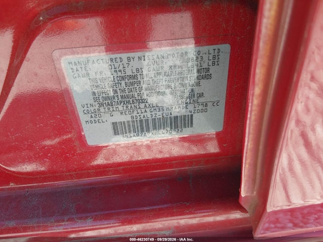 46230749 :رقم المزاد ، 3N1AB7APXHL670322 vin ، 2017 Nissan Sentra Sv مزاد بيع