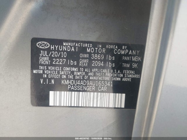 46230762 :رقم المزاد ، KMHDU4AD9AU165341 vin ، 2010 Hyundai Elantra Gls مزاد بيع