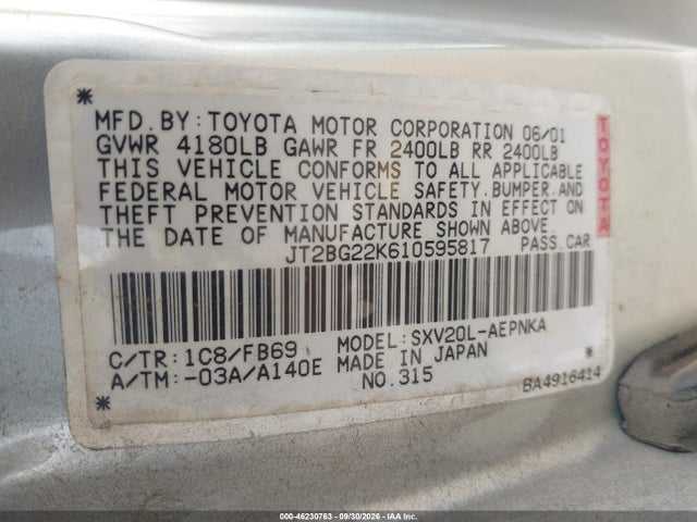 2001 Toyota Camry Le მანქანა იყიდება აუქციონზე, vin: JT2BG22K610595817, აუქციონის ნომერი: 46230763
