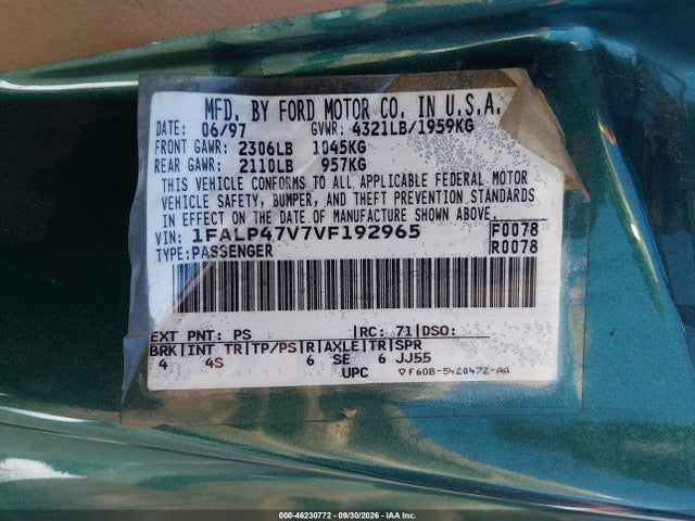 Продажа на аукционе авто 1997 Ford Mustang Cobra, vin: 1FALP47V7VF192965, номер лота: 46230772