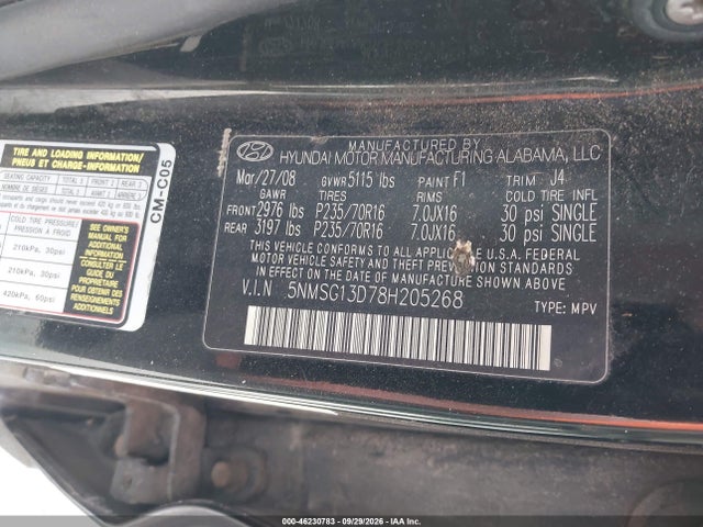 46230783 :رقم المزاد ، 5NMSG13D78H205268 vin ، 2008 Hyundai Santa Fe Gls مزاد بيع