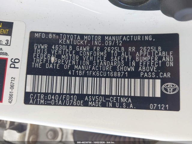 46230785 :رقم المزاد ، 4T1BF1FK6CU168871 vin ، 2012 Toyota Camry Le مزاد بيع
